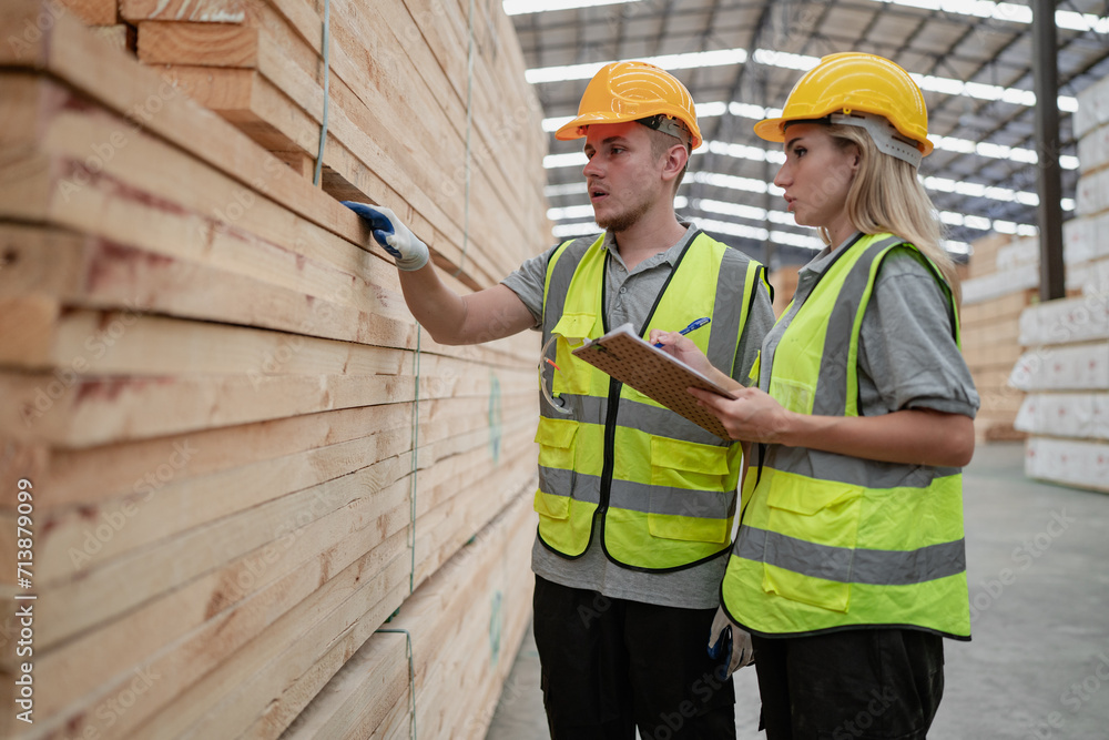 Engineer team standing walking in warehouse examining hardwood material
