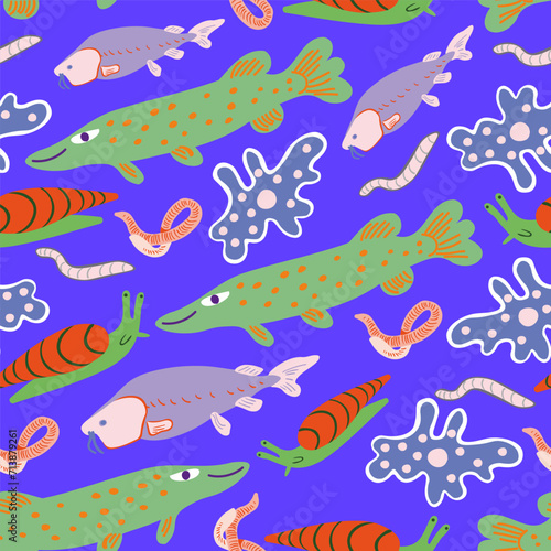 seamless pattern with flat cartoon sea animals in vector.Template for design  print  background  packaging  book  wrapping paper  fabric.