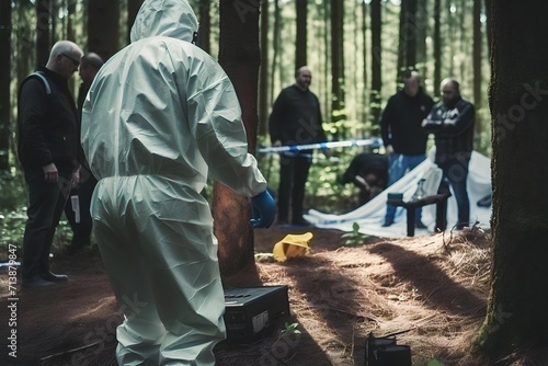 A group of people are conducting a crime scene investigation in the forest photo