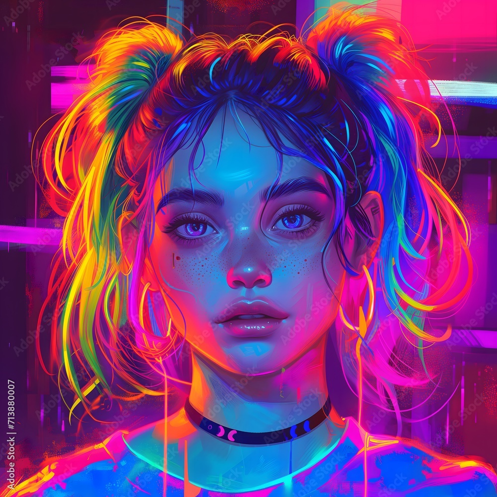 Portrait illustration of a cyberpunk young girl with colored hair with neon colors and minimalist background. Concepts of futurism, youth, beauty and technology.