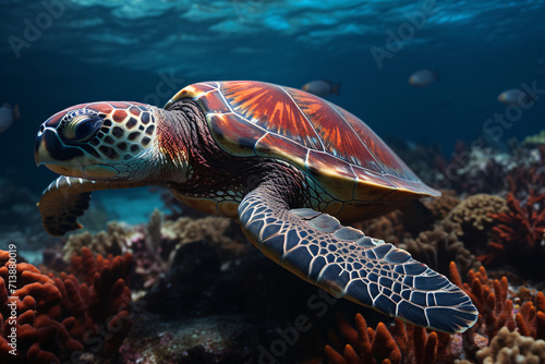 Colorful Cheloniidae turtles grazing in the tropics © wendi