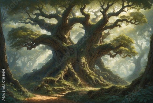 An opulent  labyrinthine forest depicted in a richly textured oil painting. The focal point of the image is a towering ancient oak tree