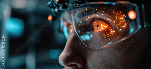 A high-precision artificial intelligence robot looks into the eyes of a robust, Scientific testing on a high-tech instrument platform, The human brain is connected to a computer. Generative AI.