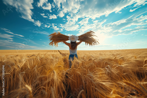 Harvest Celebration: Woman with Sheaf of Wheat in Golden Field photo