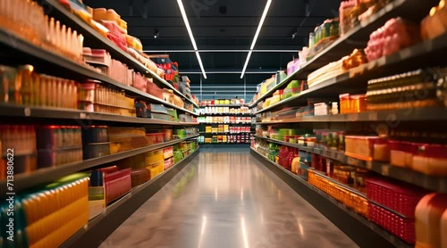 Supermarket store aisles are filled with a complete selection of food and other products photo