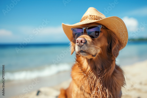 portrait of dog wearing sunglasses and sun hat on beach. dog in hat and glasses in a bright sea, concept of vacation and tourism, close-up of shooting. Dog lying in the beach chair. Summer Holidays. photo