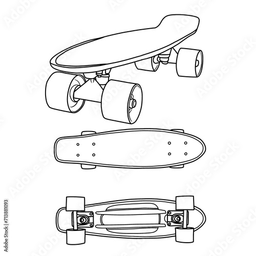 Technical sketch drawing of one single line drawing of Mini cruiser retro skateboard line art. line drawing of Attributes of longboard vector illustration, various view isolated with white background.