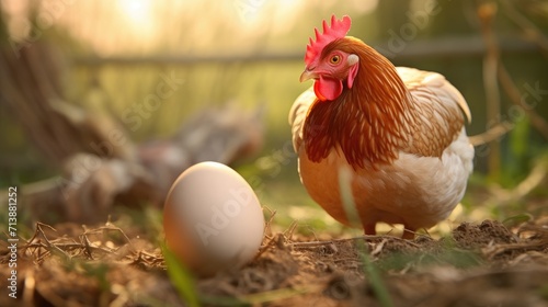 chicken with eggs on the grass, backlight scene