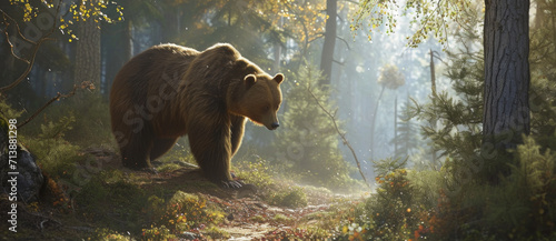 A solitary bear ambles through a sunlit forest, casting a gentle gaze upon the serene path ahead, enveloped by the tranquility of nature's embrace