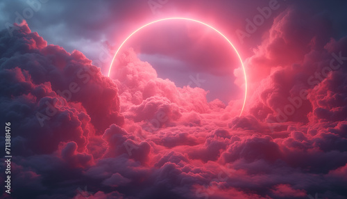 Futuristic Pink Neon Ring Above Cloudscape