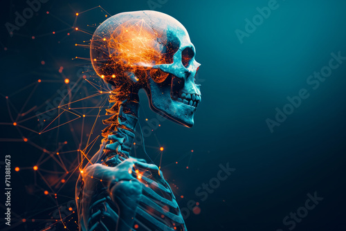 A digital skull radiates with neural networks, symbolizing the intersection of human anatomy and the boundless universe of data