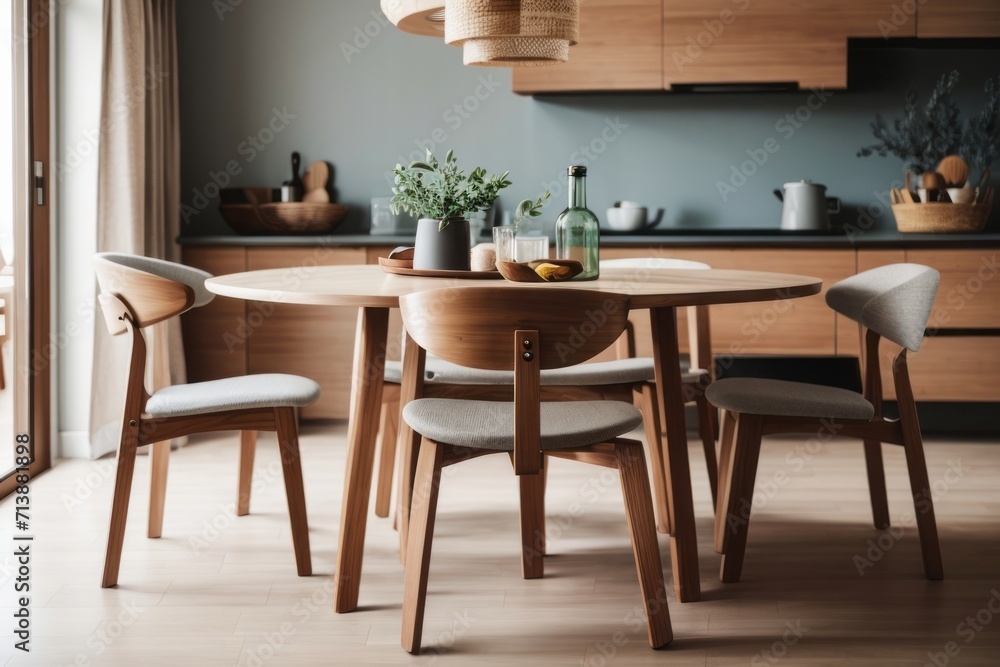 Japandi interior home design of modern dining room with chairs around a rustic round wooden dining table with home decor near the window Japandi interior home design of modern dining room with chairs around a rustic round wooden dining table with home decor near the window