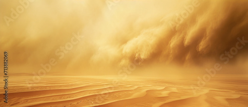 A majestic sandstorm sweeps across the desert, golden dunes undulating under the powerful dance of wind and sand