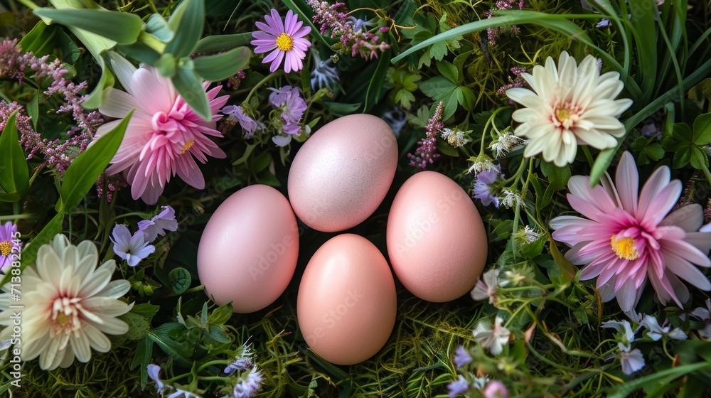Top view painted pastel pink color Easter eggs with spring flowers on green loan close up. Top view painted pastel pink color Easter eggs with spring flowers on green loan close up.