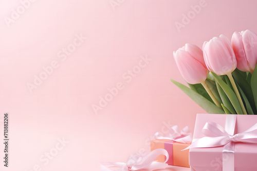 Romantic concept for Mother's Day or Valentine's Day. Top view photo featuring a gift box adorned with a ribbon and a bouquet of tulips on a pink background. Valentine pink background with copy space.