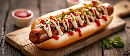 A gourmet hot dog generously drizzled with ketchup and mustard, ready to be relished, epitomizes indulgent street food