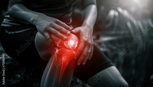 An athlete in a moment of pain, clutching a glowing knee, the strain of physical exertion etched in bold relief photo