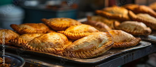 Golden empanadas glisten on a tray, their flaky crusts hinting at the savory delights nestled within, a feast for the senses