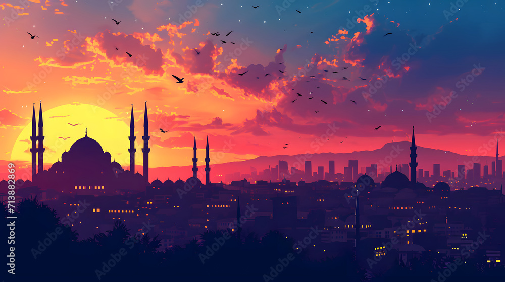 background of the silhouette of a magnificent mosque at sunset
