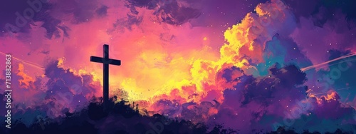 Christian cross in the sky. Easter holiday background. Illustration.