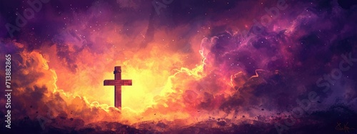 Christian cross in the sky. Religion background. Illustration.