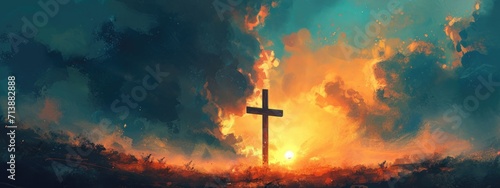 Cross of Jesus Christ in the sky. Illustration.