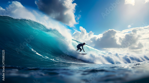 Surfer Conquering Giant Wave in Tropical Paradise