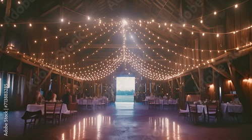 Indoor wedding with string lights to celebrate the wedding in a rustic setting, video animation photo