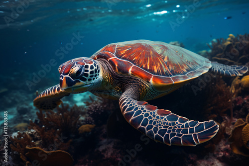 Colorful Cheloniidae turtles grazing in the tropics