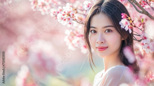 Portrait of beautiful woman between cherry trees in full blossom