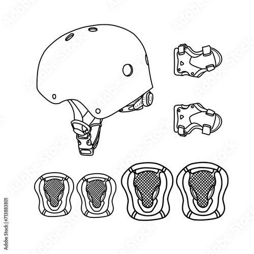 Technical sketch drawing of Skate Helmet with Protective Gear Knee Pads Elbow Pads Wrist Guards line art. line drawing of Attributes of skateboarding vector illustration, various view isolated with wh