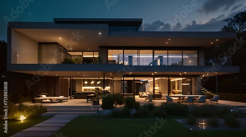 Modern house with garden at night, aesthetic view photo