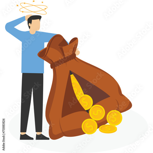 Businessman standing and thinking about question, lost money, economic support, fixing financial problems, Vector illustration design concept in flat style

