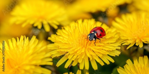 Close up of ladybug on the bouquet of fresh yellow dandelions