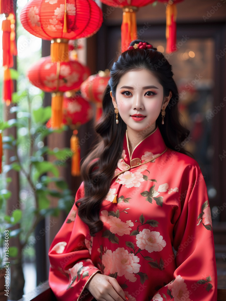 Photo of Asian woman wearing typical Chinese New Year clothes with a red theme 11
