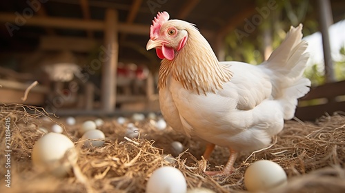 chicken coop with hen and eggs in the straw