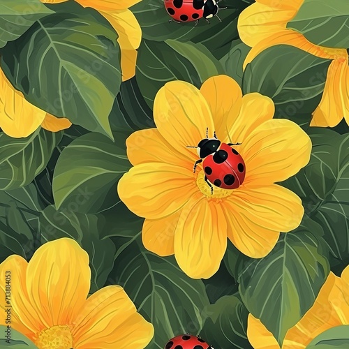 Ladybug crawling on bright yellow flower with green leaves, tile seamless pattern © AnaV