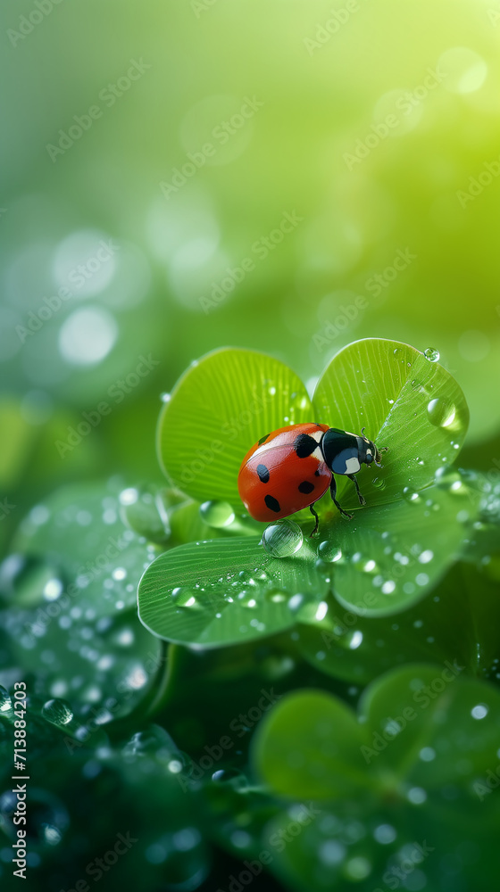 A ladybug meanders on a leaf, adorned with morning dew. A ladybug meanders on a leaf, adorned with morning dew.