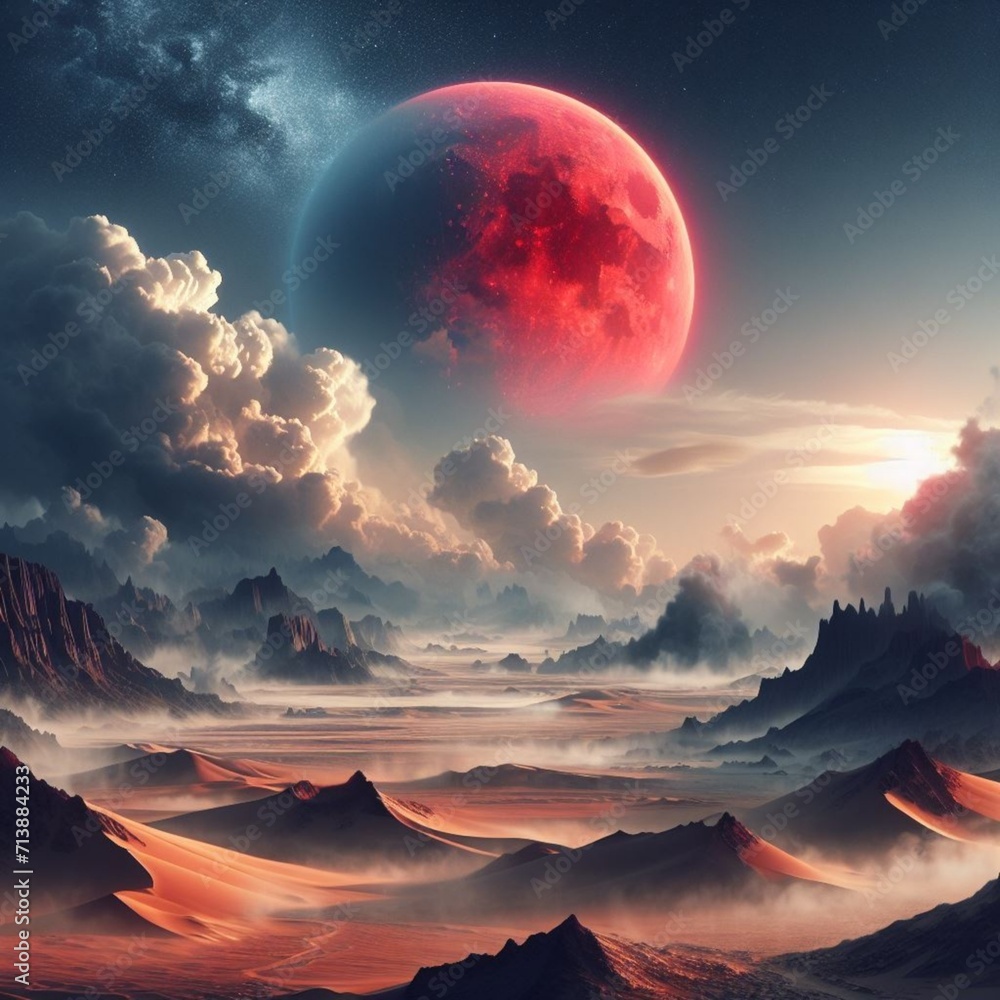 Beauty of red moon in the clouds 