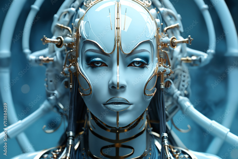 portrait of an android cyber woman, biomechanical cyborg, retro futuristic white plastic face, helmet from wires and sensors, white color portrait of an android cyber woman, biomechanical cyborg, retro futuristic white plastic face, helmet from wires and sensors, white color