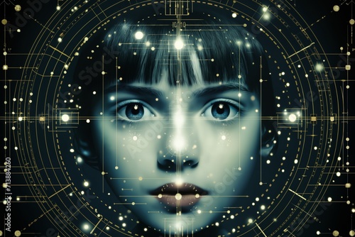 a child portrait with a abstract holography pattern on dark background, sci-fi, cyber art