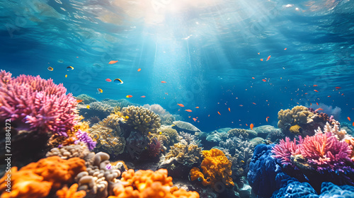 Colorful Underwater Scene with Sunbeams and Corals © czphoto