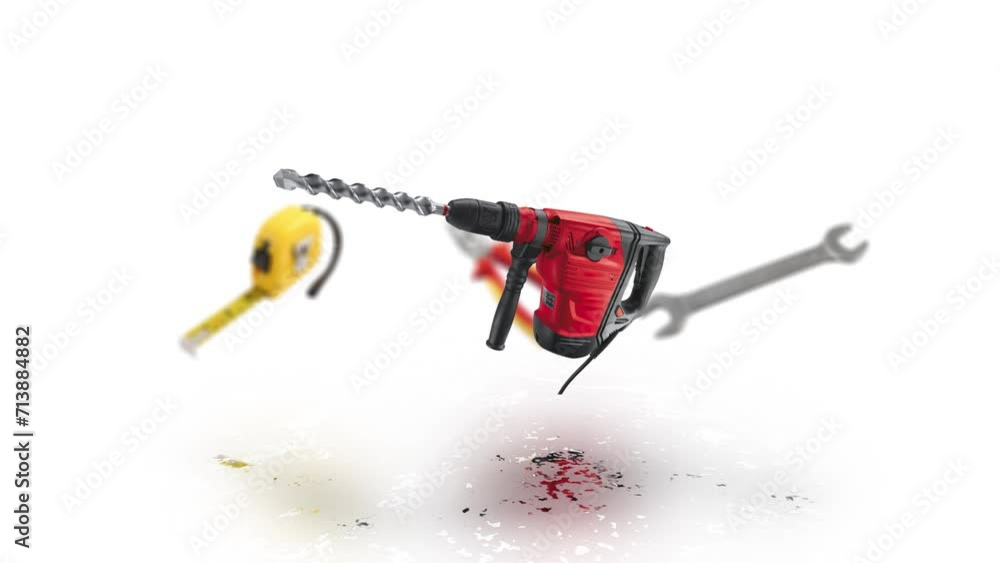 Motion animation of Wrench, pliers, tape measure, ruler and drill. Sales show of hardware products. Motion animation of Wrench, pliers, tape measure, ruler and drill. Sales show of hardware products.