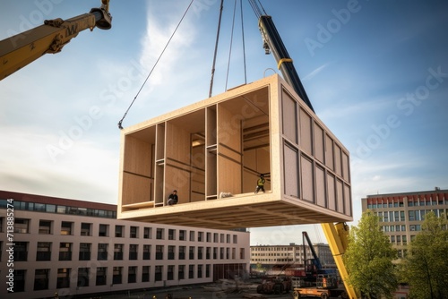 A wooden building module is raised by a crane and placed into the framework. Berlin office building under construction. Modular wood construction will, Generative AI 