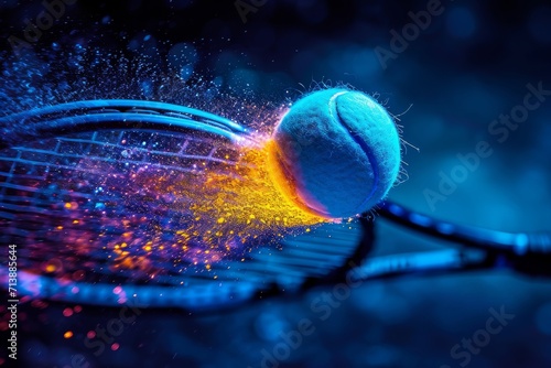 Abstract sports themed background. The tennis ball hits the racket and flies to the side, splashing neon particles