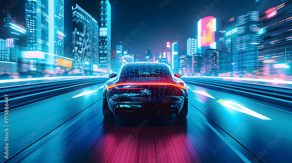 Autonomous Electric Car on Illuminated Smart City Street Autonomous Electric Car on Illuminated Smart City Street