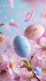 pastel color Easter eggs flying with spring flowers, spring vibes