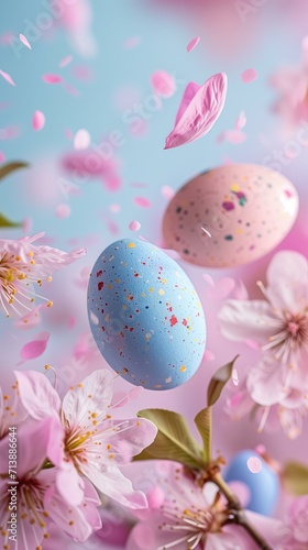 pastel color Easter eggs flying with spring flowers, spring vibes