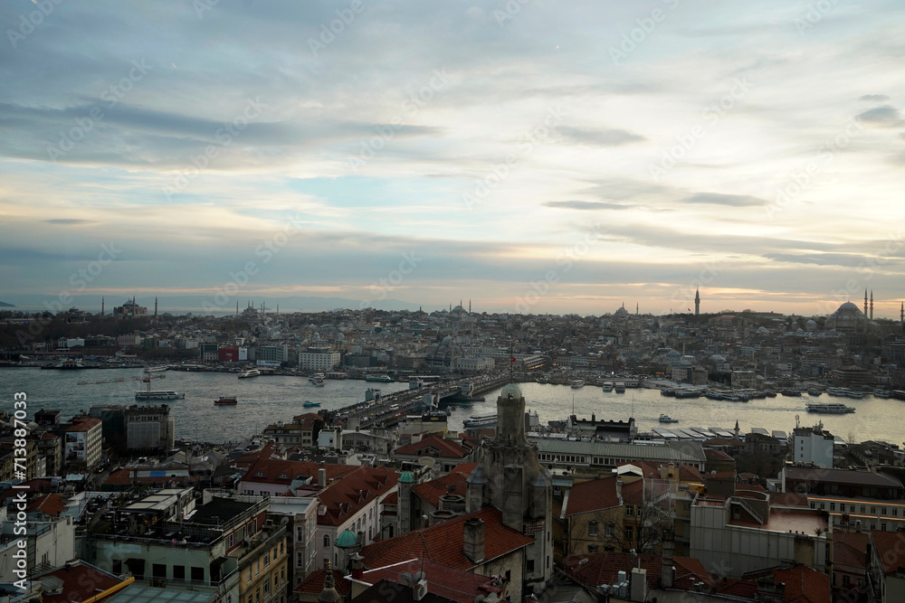 istanbul aerial cityscape at sunset from galata tower bridge and sultanahmet