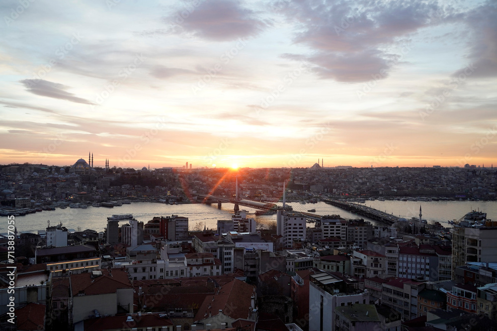 istanbul aerial cityscape at sunset from galata tower bridge and sultanahmet